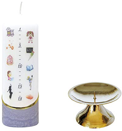 Meissner-Handel Auswahl * netSells® * Geburtskerze/Geburtstagskerze/Lebenslicht * lila * 6 x 18 cm * inkl. Kerzenständer aus Messing * farbig getaucht * (Motiv #03-) * Auswahl Motiv + Farbe