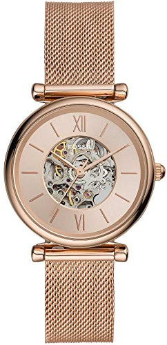Fossil Uhr für Damen Carlie, Automatikwerk, 35mm Rose Gold Edelstahlgehäuse mit EdelstahlMeshArmband, ME3175