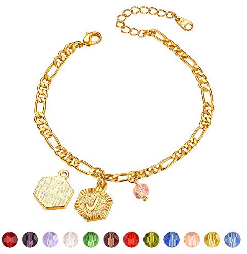 FOCALOOK 18k vergoldet Geburtsstein Fußkette für Damen Mädchen personalisiert Hexagon Anhänger Buchstabe J mit 22cm Figarokette Initiale Fußkettchen Armband Sommer Strand Accessoire