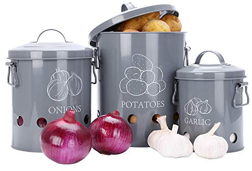 Kartoffel-Vorratsdose, Metall Gemüsekorb Kartoffeltopf, Zwiebeltopf und Knoblauchtopf, Grau Gemüse Vorratsbehälter für Küche, 3er Set
