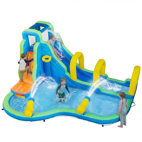 COSTWAY Inflatable Water Slide, Jumping Bouncy Castle with Water Guns, Splash Pool and Climbing Wall, Outdoor Blow Up Activity Center for Kids (5 in 1)