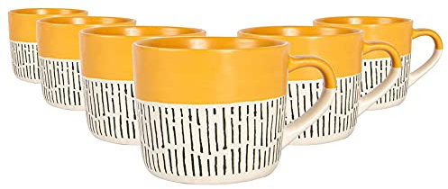 Nicola Spring Ceramic Coffee Mugs Set - 475ml - 6pc Mustard Dipped Dash Stoneware Coffee Cups Dishwasher & Microwave Safe Large Tea Mugs for Hot Drinks, Hot Chocolate, Tea