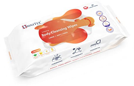 80x Omnitex Thick Luxury Body Cleansing Wipes - Microwaveable | Large Rinse Free Bed Bath Wipes for Elderly | With Aloe Vera & Vitamins | Nourish, Cleanse, Protect | Paraben & Alcohol Free