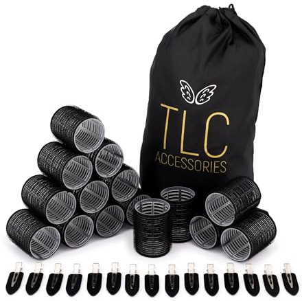 TLC ACCESSORIES 30 Piece Hair Rollers - 15 Self Grip Jumbo Rollers and 15 Duckbill Clips - Salon Hairdressing Curler Self Holding DIY, Size 48mm for Medium to Long Thick Fine Volume Hair Bangs