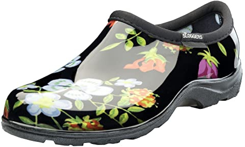 Sloggers Original Waterproof Rain and Garden Shoe for Women– Outdoor Slip-On Garden Clog - Made in The USA with Premium Comfort Insole and Arch Support - Meadow Print Black, Size 8