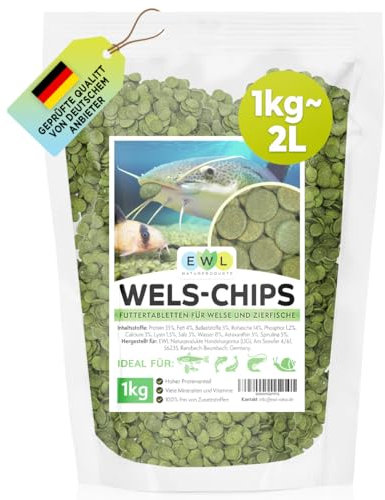 EWL Naturprodukte Wels Futtertabletten 1kg (ca. 2ltr.) XL Pack, Welsfutter, Wels Chips mit Spirulina, Fischfutter Aquarium, Welstabletten, geprüfte Qualität von deutschem Anbieter
