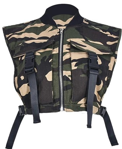 Bnigung Women's Sexy Crop Cargo Vest Sleeveless Buckle Zip Up Vest Jacket Tops Steampunk Streetwear with Pockets(Camo,XL)