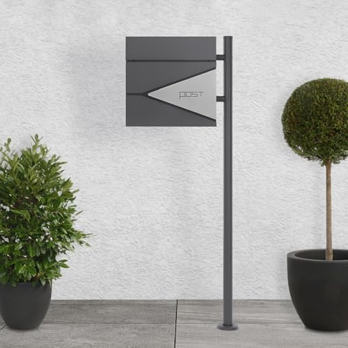 ECD Germany Standbriefkasten mit Zeitungsfach, Design Briefkasten mit Pfosten, Briefkastenanlage, Briefkastenständer Anthrazit 120 cm Edelstahl, Postkasten Anthrazit-Silber Edelstahl pulverbechichtet