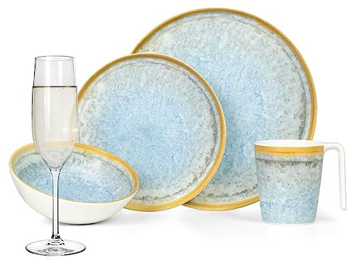 Vaisselle de camping en mélamine pour 4 personnes Bleu cristal + 4 verres à champagne Tiamo Flûtes Vaisselle de table Pique-nique BBQ Batterie de cuisine