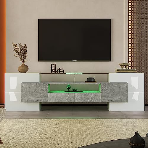 BTM Meuble TV élégant, Plateau Bas. Blanc Brillant, Meuble TV 200 cm, éclairage LED, Meubles de Salon. Design Moderne. Surface de Verre élégante.