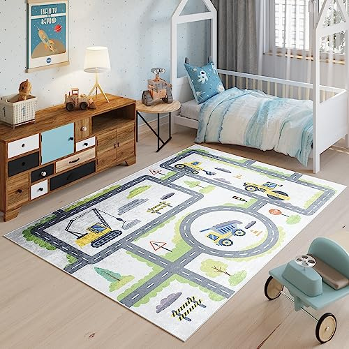 TAPISO Emma Teppich Waschbar bei 30 Grad Bunt Straße Verkehr Baustelle bedruckter Kinderteppich Antirutsch Kinderzimmer Jugendzimmer Modern ÖKO-TEX 120 x 170 cm