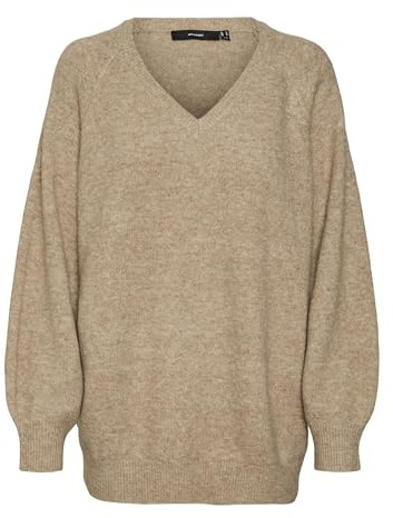 Vero Moda Vmleaf Ls Pull Long col en V pour Femme, Silver Mink/Detail:w. Melange, M