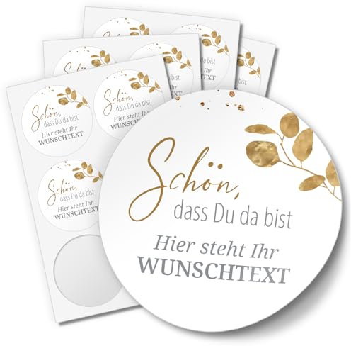 24 PERSONALISIERTE Aufkleber Schön dass Du da bist individualisiert anpassbar mit Ihrem Wunschtext Etiketten rund 4cm, Eukalyptus Goldoptik