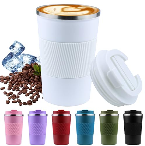 Disoza Gobelet isotherme de 380 ml - Pour café à emporter - Avec couvercle - Pour le voyage - Blanc