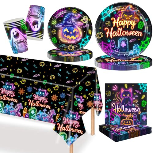 MORAINJAY 69 Stück Halloween Geschirr Party Set, Kürbis Pappteller, Becher, Servietten, für Kinder Halloween Neonparty Geburtstag Tischdeko