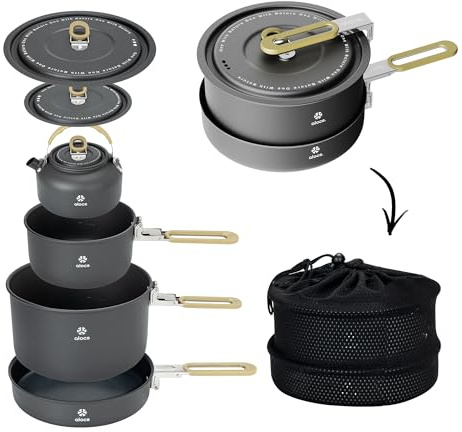 Alocs Camping Cookware Portable Non-Stick Mess Kit with Foldable Handle