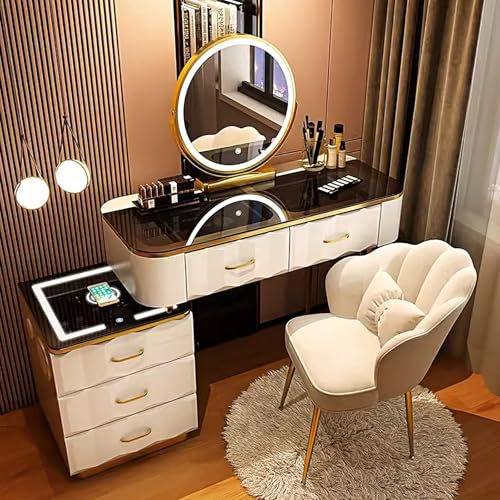 Großer Schminktisch mit kabelloser Ladestation und Bluetooth-Lautsprecher, Schminke mit Schreibtischplatte aus gehärtetem Glas, Schminktisch-Set mit 5 Schubladen, Seitenschrank, Stuhl(White,100cm/39.3