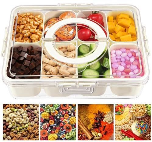 Eidoct Snack Box with Compartments Tray, with Lid and Handle Food Storage Container, 8 Removable Compartment Divided Serving Snack Tray for Charcuterie Candy, Fruits, Snacks, Nuts