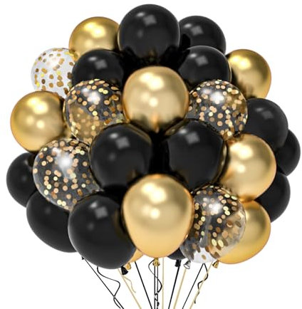 QIFU Gold and Black Balloons Set - 52pcs Black Gold Latex Balloon with Confetti Birthday Party Balloons, Metallic Golden Black Helium Balloon for New Year Eve Anniversary Engagement Graduation Prom