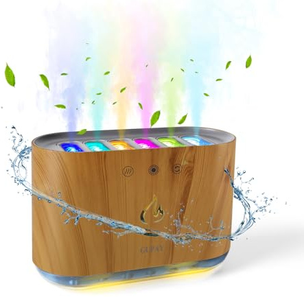 GUPAY Luftbefeuchter für Schlafzimmer, Dynamischer Pick-up Mini Luftbefeuchter mit 6 Düsen 7 Farben LED-Lichtern, bis zu 32H, Ultra Leise Humidifier für Haus, Büro, Auto Abschaltung (Holzmaserung)