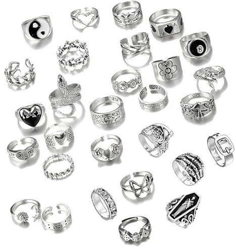29 Stück Ringe Set, Y2k Accessoires Dekorieren Emo Accessoires, Ring Set Silber Männer Und Frauen Können Schmuck Tragen, Silver Neue Muster Schädel Blumen Schlangen Usw (Silbrig)