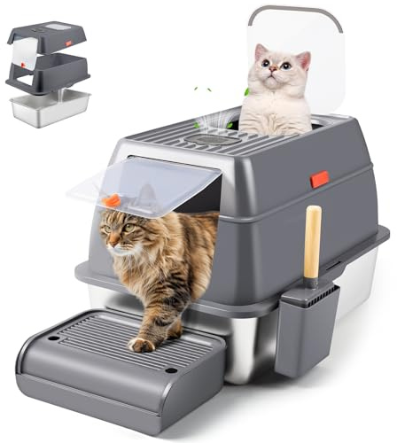 Bartuke Edelstahl Katzenklo mit Deckel, geschlossene herausnehmbare Metall Katzentoilette Stainless Steel Cat Litter Box mit hohem Rand, Schaufel, antihaftbeschichtet, leicht zu reinigen (Dark Grey)
