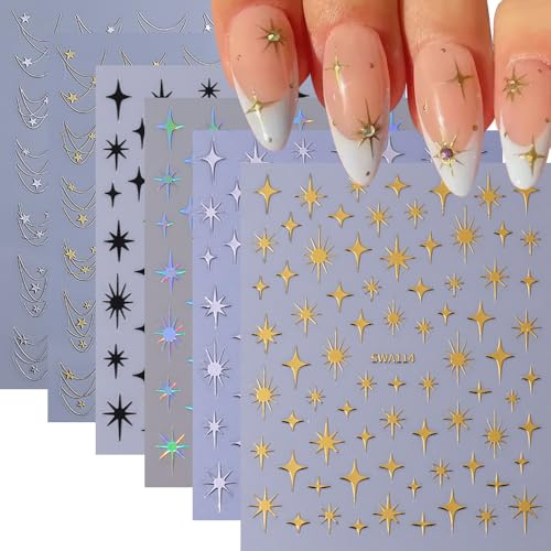 Nagelsticker Sterne, 6 Stück Gold Sterne Nail Art Sticker Selbstklebend Gold Silber Schwarz Weiß Star Nagel Aufkleber Nagel Stickers Nageldesign DIY Dekoration