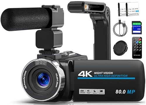 Caméscope vidéo 4K 80MP pour YouTube, webcam 30FPS IR Vision Nocturne Vlogging, zoom numérique 18X 3,0 270 ° IPS Caméra vidéo avec carte SD, 2 piles, télécommande et stabilisateur manuel