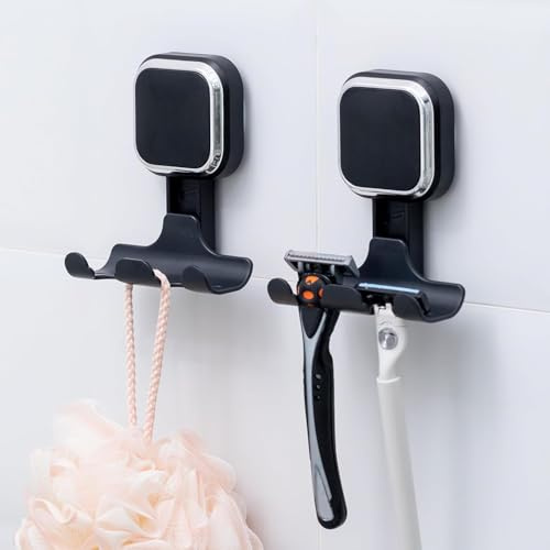 LEVERLOC Soporte para maquinilla de afeitar, 2 ganchos con ventosa, Negro | Reutilizable sin taladro, válido para toallas y albornoces, montaje fácil en ducha, accesorio práctico para baño