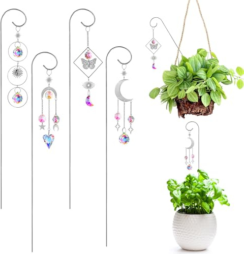 HDCRYSTALGIFTS Lot de 4 attrape-soleil en cristal avec petit treillis de 35 cm pour plantes en pot, décorations de plantes d'intérieur, accessoires pour maison, fenêtre, jardin, argenté