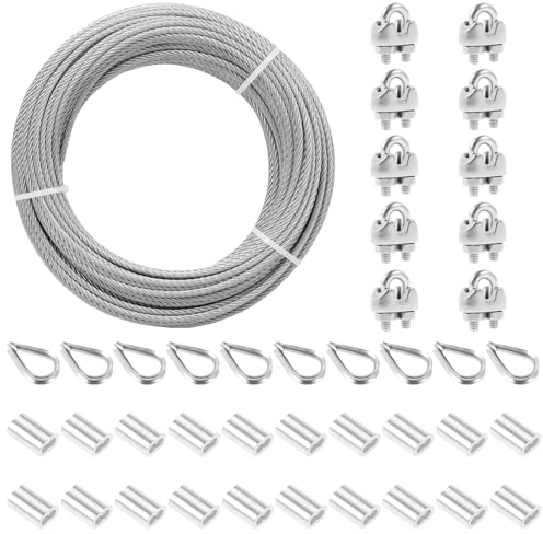 3mm Stainless Steel Wire Rope Kit, 30M Heavy Duty 304 Cable with 10 Thimbles, 10 Clips & 20 Aluminum Sleeves, 7x7 Strand Outdoor Wire for Garden Trellis, Shade Sails, String Lights, Fencing