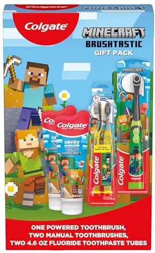 Colgate Kids Minecraft Toothbrush and Kids Toothpaste Gift Set, Includes Minecraft-Themed Battery Toothbrush, 2 Bubblegum Flavored Fluoride Toothpastes, and 2 Manual Toothbrushes