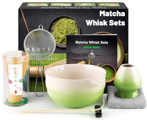 Matcha Set (7-Piece) Which Matcha Whisk, Matcha Cup, Matcha Bowl, Chasen, Matcha Sieve, Matcha Spoon, Ideal Starter Matcha Kit for Easy Matcha Making (White Green)