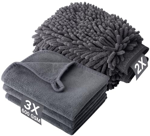 5PCS Car Washing Kit with 3 Microfiber Cleaning Cloths&2 Chenille Wash Mitts,600GSM Dual-Sided Ultra Soft Drying Towels&Coral Fleece Gloves for Household,Washing Care,Drying,Polishing,Highly Absorbent