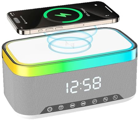Porfoyo Väckarklocka, digital, väckarklocka med laddningsstation, radioväckarklocka, digital klocka med Bluetooth-högtalare, 6 färger, nattlampa, 15 W, trådlös laddare för iPhone Samsung