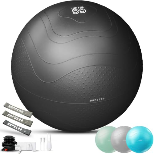 HAPBEAR Exercise Ball 55-75cm - Anti-Burst Slip-Resistant Yoga/Pilates Ball for Core Training & Posture Improvement, Home Gym/Rehab/Pregnancy Ball, Quick Pump & 3 Resistance Bands Included