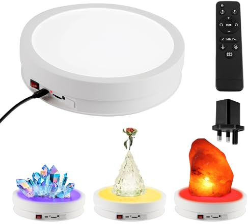 Elektrischer Drehbarer Drehteller 360°, 22 cm motorisierter drehbarer Ständer mit 6-Farbiger LED-Beleuchtung, Geschwindigkeitsregelung, Tragkraft 20 kg für Kuchen, Schmuck, Uhren, Fotografie (White)