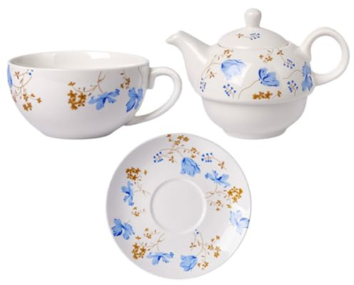 Ipetboom Service à Thé en Céramique 3 Pièces avec Théière 400 Ml Tasse Anglaise Assortie Bleu Orchidée Kit Portable pour Cérémonie du Thé Infusion de Fleurs Usage Domestique et Bureau