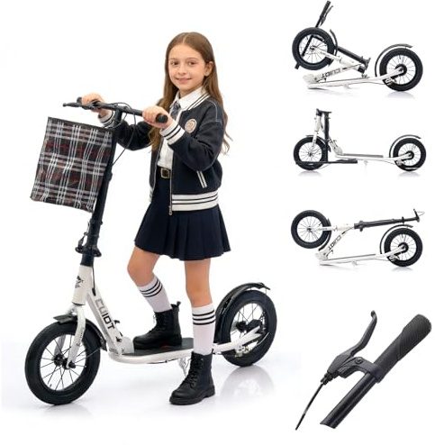 Scooter für Erwachsene & Jugendliche, Höhenverstellbarer Klapproller mit Korb, Tretroller luftreifen mit Handbremse und Fußbremse, bis zu 150kg, ideal Wahl für Pendler und Reisende,Weiß