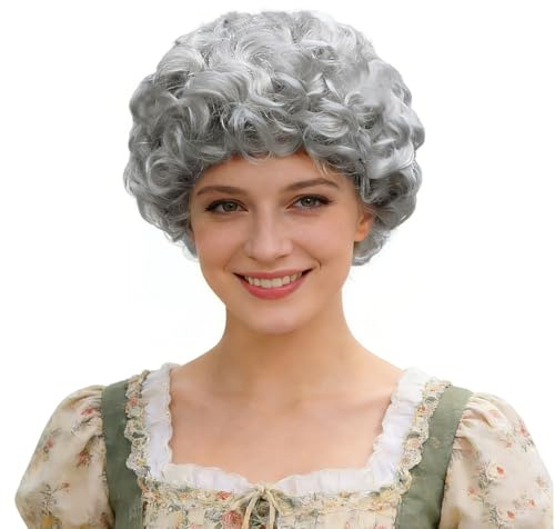 GYIOFAI Perruque de Vieille Dame, Perruque Courte Bouclée de Grand-mère, Perruques Afro de Grand-mère pour Femme pour Carnaval, Journée Mondiale du Livre, Halloween, Cosplay (Argenté)