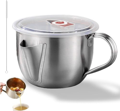 Fat Separator with Dual Spout Design, 1L Stainless Steel Gravy Separator with Cool-Touch Handle & Splash-Resistant Lid, Food-Grade Grease Strainer, Fat Separator Jug for Soup Stew Hot Pot (1L)
