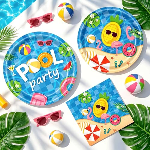 plato fiesta piscina verano decoración cumpleaños natación mantel invitados alberca juegos acuáticos recreo veinticuatro personas celebración estival
