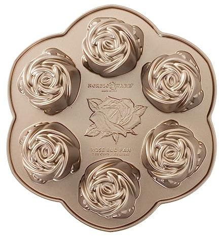 Nordic Ware 85148 Rosebud Cake Pan, Rose Shaped Cake Mould Tray, Cast Aluminium Cake Tin, Muffin Tray for Six Perfect Rosebuds, Made in the USA Colour: Toffee, 2 1/4 Cup Capacity