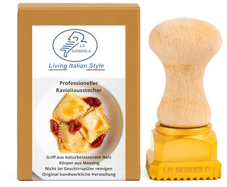 La Gondola Cortador de Raviolis Caseros - Cuadrado Festoneado 45x45 mm | Cortapastas de Latón y Madera Natural | Cortador de Pasta Robusto Fácil de Usar | Utensilio para Pasta Fresca Hechos en Italia