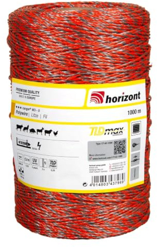 horizont Weidezaunlitze ranger® W3-O, 1000 m lang, orange, 3x 0,25 mm TBmax-Leiter, 160 kg Bruchlast, für Mittlere bis lange Zäune, Weidezaunband, Breitband Litze, Elektrozaun