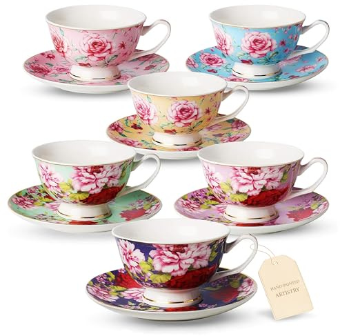 BTaT- Tea Cups and Saucers, Floral Design, Porcelain Tea Cup Sets, Dishwasher Safe, Set of 6, 8 oz, Mothers Day Gift