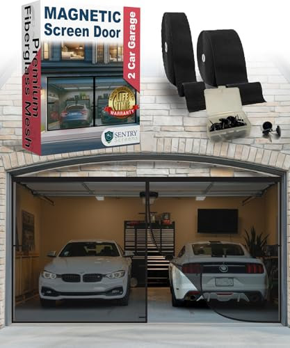 Garage Door Screen 2 Car with Retractable Fiberglass Mesh – Magnetic Closure and Weighted Bottom – Simple Install no Tools – Tie-Back Retractable Design – 7’h x 16’w by Sentry Screens