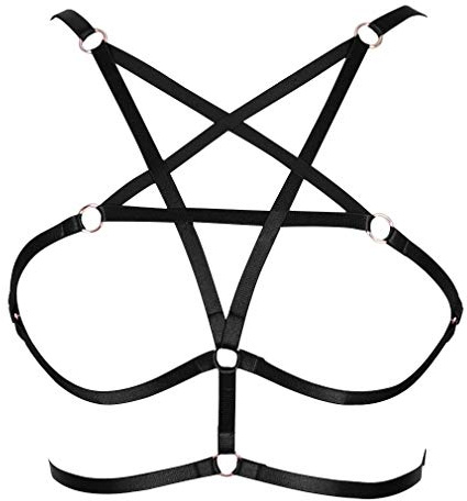 Sexy Frauen Geschirr Neckholder Pentagramm Body Harness BH Käfig BH Cupless BH Punk Gothic Stil Träger Bralette, schwarz, Einheitsgröße