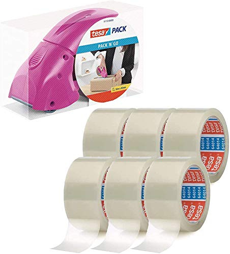 tesa Abroller Pack' n' Go - Ergonomischer, pinker Handabroller für Paketbänder - Inklusive 50 m x 48 mm Klebeband (Automatisch, PVC, 5111x-00000, Handabroller, Tape Dispenser, Tape-Dispenser)