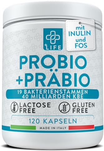 Darmbakterien Probiotika mit Präbiotika, Inulin & FOS – 120 Kapseln PiùLife – 40 Mrd. KBE aus 20 Bakterienstämmen – für Mikrobiom & Darmflora, bei Blähbauch
